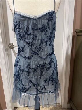 Free People Dusty Blue Lace Appliqué Slip Dress